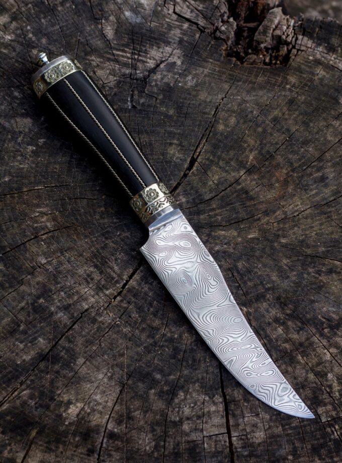 damascus knife handle of ebony, damškový nôž ebenová rukoväť